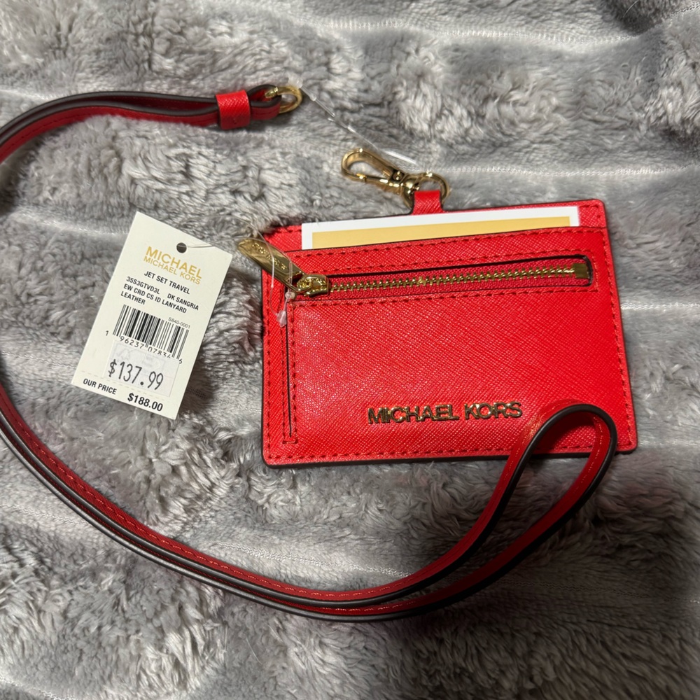 Michael Kors Red Card Holder/Laynard  with Gold Accents NWT